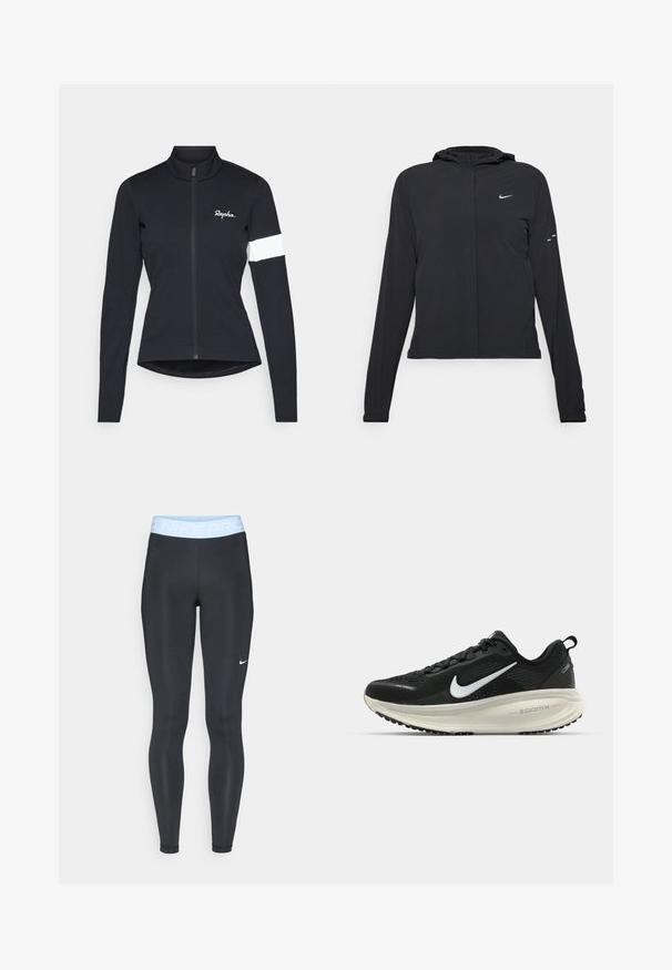 Černá kapucňová bunda s dlouhými rukávy, vyrobená z lehkého materiálu. Obsahuje přední zip, logo Nike a decentní designové akcenty.; Rapha WOMENS CORE JACKET - Cyklistický dres - black/white; Černé sportovní legíny s bleděmodrým pasem, na kterém je text "NIKE PRO"; hladká textura a přiléhavý střih. Bílý logo Nike na levé straně.; Černá běžecká obuv Nike s prodyšným síťovaným svrškem, bílým logem swoosh, texturovanými detaily a krémovou mezipodešví ZoomX.