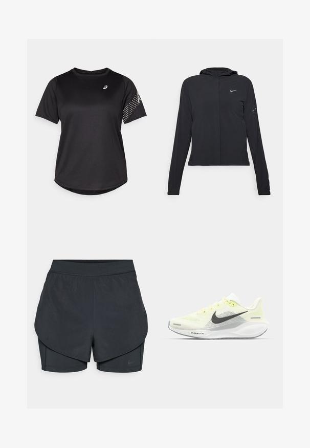 Czarna kurtka z kapturem, z długimi rękawami, wykonana z lekkiego materiału. Posiada zamek błyskawiczny z przodu, logo Nike oraz subtelne akcenty wzornicze.; Czarny sportowy t-shirt, krótki rękaw, okrągły dekolt, z teksturowanym materiałem i kropeczkowymi akcentami na prawym rękawie. Logo na klatce piersiowej.; Czarne spodenki sportowe z warstwowym krojem, z gładką zewnętrzną warstwą i dopasowanymi wewnętrznymi spodniami. Wykonane z lekkiej, elastycznej tkaniny.; Biegi Nike z lekką żółtą i białą siateczką cholewy, szarymi akcentami i elastyczną gumową podeszwą. Posiada klasyczne sznurowanie.