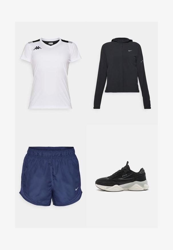 Černá kapucňová bunda s dlouhými rukávy, vyrobená z lehkého materiálu. Obsahuje přední zip, logo Nike a decentní designové akcenty.; Bílý sportovní triko vyrobené z lehkého materiálu. Má výstřih do V, krátké rukávy a černé akcenty na ramenou. Logo Kappa na hrudi.; Námořnické sportovní šortky s elastickým pasem a bočními síťovanými panely. Obsahují malé bílé logo Nike na dolní levé straně.; Černé tenisky vyrobené z prodyšné síťoviny a semiše, s tlustou podešví, zaobleným tvarem, jemnými šedými akcenty a značkovým logem na boku.