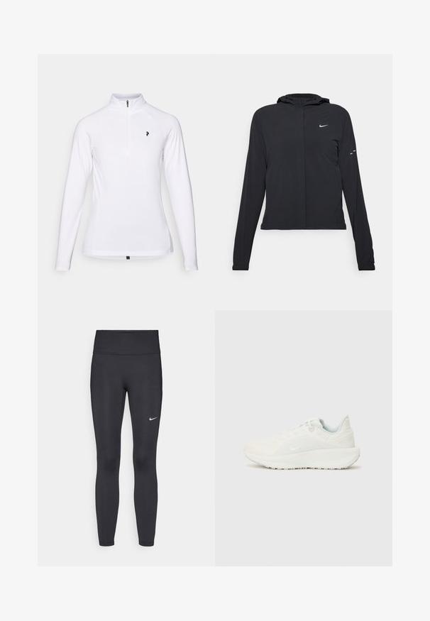 Sort hættetrøje med lange ærmer, lavet af letvægtsmateriale. Har en frontlynlås, et Nike-logo og subtile designaccenter.; Hvid langærmet pullover med kvart lynlås-krave, der har et sort logo på brystet og er lavet af glat, let stof.; Sorte leggings lavet af strækbart stof, med en høj talje og et hvidt Nike-logo på venstre lår. Glat tekstur, tætsiddende design.; Hvide sportsko med en tekstureret overdel, polstret krave og snørelukning. Har en buet sål og diskret branding på siden.