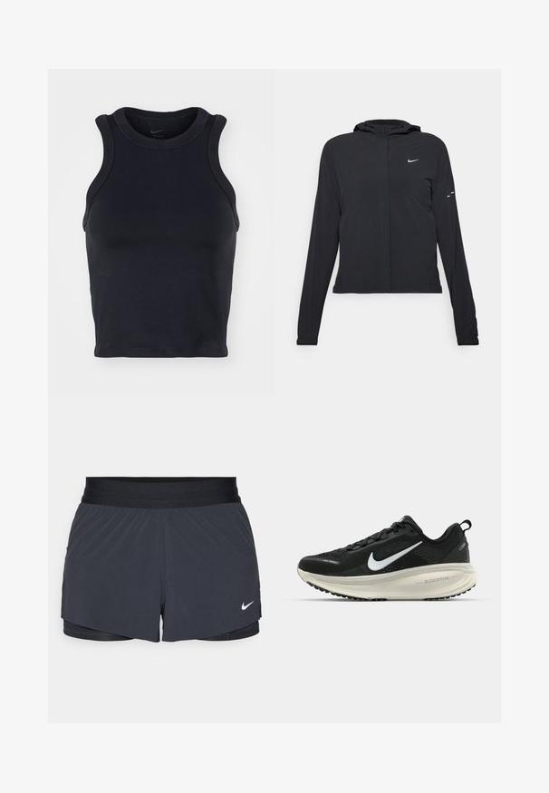 Zwarte kaptrui met lange mouwen, gemaakt van lichtgewicht materiaal. Voorzien van een ritssluiting aan de voorkant, een Nike-logo en subtiele ontwerpelementen.; Zwarte, mouwloze atleet crop top met een ronde halslijn, gemaakt van gladde stof. Beschikt over versterkte naden en een strakke pasvorm.; Zwarte sportshorts met een elastische tailleband, met een gelaagd ontwerp en een klein wit Nike-logo aan de onderkant links. Lichtgewicht materiaal.; Zwarte Nike hardloopschoen met ademend mesh bovenwerk, witte swoosh-logo, gestructureerde details en een crèmekleurige ZoomX middenzool.