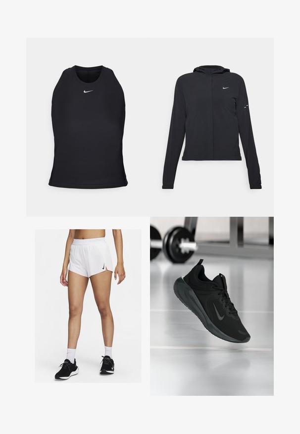 Juodas gobtuvas striukė su ilgomis rankovėmis, pagaminta iš lengvo audinio. Pasižymi priekiniais užtrauktukais, Nike logotipu ir subtiliais dizaino akcentais.; Juodas sportinis marškinėliai su sklandžiu, tampriu audiniu. Sukurtas su apvaliu iškirpimu ir maža balta logotipo etikete, esančia krūtinės centre.; Balti sportiniai šortai su iškiliais juosmens dirželiais, šoninėmis skeltukėmis ir juodu Nike logotipu. Dėvimi su juodais sportbačiais ir baltais aukštais kojinėmis.; Juodas sportinis sportbačiai su Nike logotipu, pavaizduoti ore virš sporto salės grindų, fone išblurinta hantelių laikiklis.