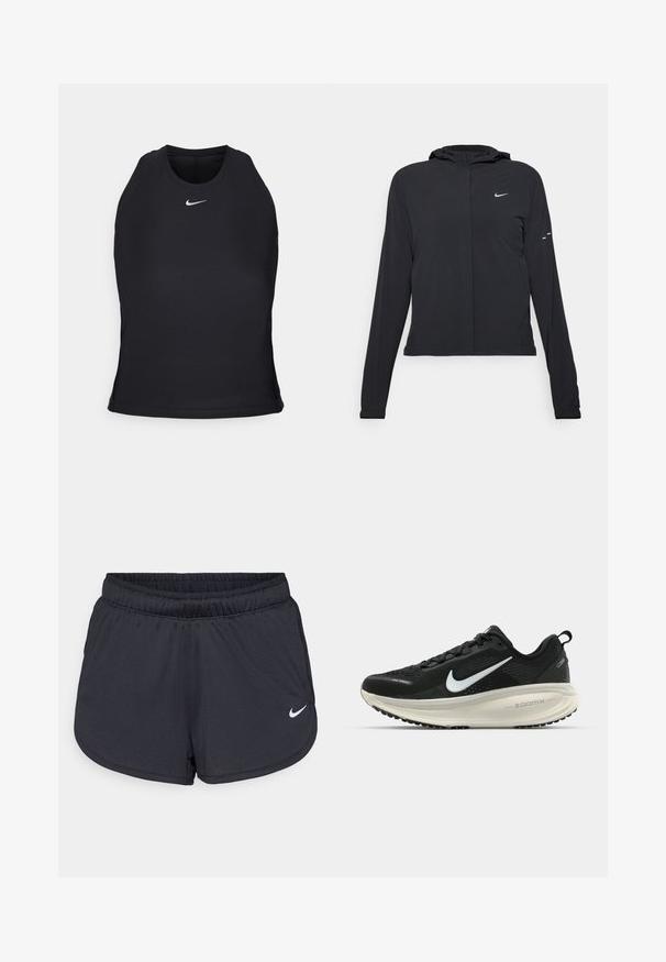 Must musta kapuutsiga jakk, millel on pikad varrukad ja mis on valmistatud kergetest materjalidest. Omab esitaskut, Nike logo ja kergelt silmatorkavaid disainiaktsente.; Mustakarva sportlik tank topp, mis on valmistatud siledast ja venivast kangast. Omab ümarat kaelust ja väikest valget logo, mis on keskendatud rinna piirkonda.; Mustad mustikud mustad lühikesed püksid, mis on valmistatud kerge ja hingava kangaga. Omab elastset vööd ja valget Nike logo alumises paremas nurgas.; Musthave mustus Nike jooksujalats, millel on hingav võrgust ülemine osa, valge swoosh logo, tekstuuriga detailid ja kreemja värvusega ZoomX vahevöö.