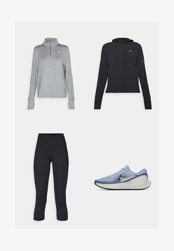 Zwarte kaptrui met lange mouwen, gemaakt van lichtgewicht materiaal. Voorzien van een ritssluiting aan de voorkant, een Nike-logo en subtiele ontwerpelementen.; Nike Performance SWIFT - Longsleeve - smoke grey; Zwarte cropped leggings van rekbaar materiaal, met een hoge tailleband en een gladde textuur, zonder zichtbare patronen of hardware.; Lichtblauwe en witte Nike hardloopschoen met zilveren swoosh, ademend mesh bovenwerk, gewatteerde zool en zwarte buitenzool met profiel.