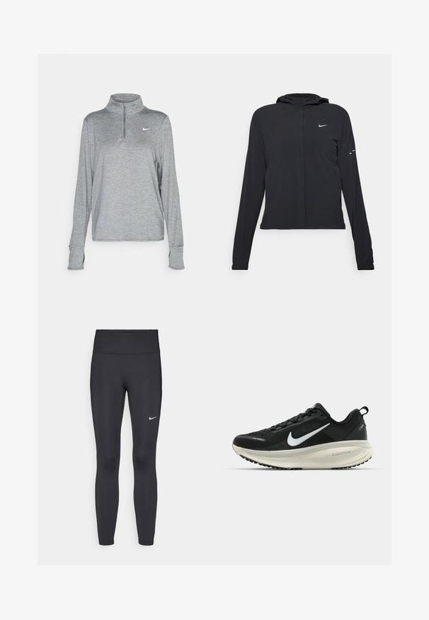 Schwarze Kapuzenjacke mit langen Ärmeln, aus leichtem Material gefertigt. Sie hat einen vorderen Reißverschluss, ein Nike-Logo und dezente Designelemente.; Nike Performance SWIFT - Langarmshirt - smoke grey; Schwarze Leggings aus elastischem Stoff, mit einem hohen Bund und einem weißen Nike-Logo auf dem linken Oberschenkel. Glatte Textur, figurbetontes Design.; Schwarzer Nike-Laufschuh mit atmungsaktivem Mesh-Obermaterial, weißem Swoosh-Logo, strukturierten Details und einer cremefarbenen ZoomX-Zwischensohle.