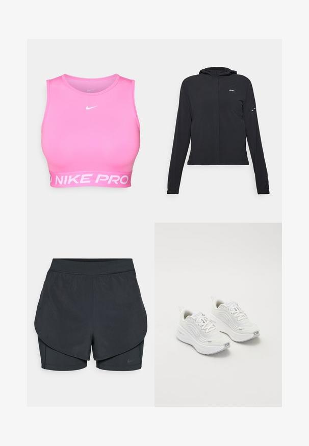 Svart hettegenser med lange ermer, laget av lett materiale. Har glidelås foran, Nike-logo og subtile design detaljer.; Nike Pro sportBH i sterk rosa, med en tettsittende design, rund halslinning og bred hvit elastisk band med merke nederst.; Svart idrettsshorts med lagdelt design, som har et glatt ytre lag og tettsittende indre shorts. Laget av lett, elastisk stoff.; Hvite joggesko med et teksturert mesh-overdel, polstret såle og subtile grå aksenter. Inkluderer merkevare og løkke på hælen for enkel påkledning.