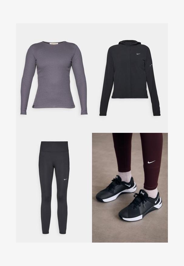 Schwarze Kapuzenjacke mit langen Ärmeln, aus leichtem Material gefertigt. Sie hat einen vorderen Reißverschluss, ein Nike-Logo und dezente Designelemente.; Yogasearcher MAUNA - Langarmshirt - carbon; Schwarze Leggings aus elastischem Stoff, mit einem hohen Bund und einem weißen Nike-Logo auf dem linken Oberschenkel. Glatte Textur, figurbetontes Design.; Schwarze Sportschuhe mit einer strukturierten Oberseite und weißen Akzenten, versehen mit Schnürsenkeln und einem Seitenlogo. Tragen Sie dazu bordeauxfarbene Leggings und helle Socken.