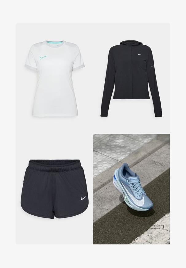 Black hooded jacket with long sleeves, made from lightweight material. Features a front zipper, a Nike logo, and subtle design accents.; White Nike T-shirt with short sleeves. Features a turquoise Nike swoosh logo and gray accents on the sleeve cuffs, made of lightweight material.; Black athletic shorts made of lightweight, breathable fabric. Features an elastic waistband and white Nike logo on the lower right side.; Light blue Nike Zoom Fly running shoe with a breathable mesh upper, distinctive white Swoosh, and green accents on the outsole.