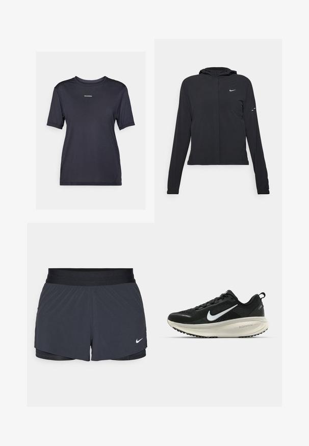 Must musta kapuutsiga jakk, millel on pikad varrukad ja mis on valmistatud kergetest materjalidest. Omab esitaskut, Nike logo ja kergelt silmatorkavaid disainiaktsente.; Must musta lühikeste varrukatega spordibluus, mis on valmistatud kergest kangast. Sellel on ümmargune kaelus ja väike bränditud logo ees.; Mustad must sportlikud lühikesed püksid, millel on elastne vöökoht, kihiline disain ja väike valge Nike logo vasakul all. Kerge materjal.; Musthave mustus Nike jooksujalats, millel on hingav võrgust ülemine osa, valge swoosh logo, tekstuuriga detailid ja kreemja värvusega ZoomX vahevöö.