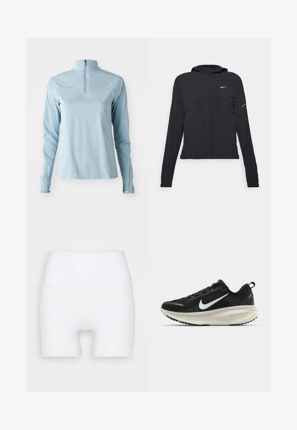 Schwarze Kapuzenjacke mit langen Ärmeln, aus leichtem Material gefertigt. Sie hat einen vorderen Reißverschluss, ein Nike-Logo und dezente Designelemente.; Helles blaues langärmliges Sportoberteil mit einem Halb-zip-Kragen, glatter Textur und kontrastierenden grauen Nähten entlang der Nähte.; Weiße, hochtaillierte Shorts aus dehnbarem Stoff. Sie verfügen über eine glatte Textur und eine figurbetonte Passform, ohne zusätzliche Muster oder Hardware.; Schwarzer Nike-Laufschuh mit atmungsaktivem Mesh-Obermaterial, weißem Swoosh-Logo, strukturierten Details und einer cremefarbenen ZoomX-Zwischensohle.