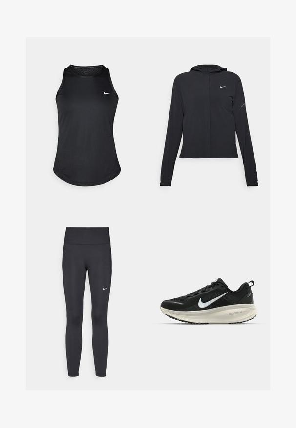 Chaqueta negra con capucha y mangas largas, hecha de un material ligero. Presenta un cierre frontal, un logo de Nike y acentos de diseño sutiles.; Camiseta sin mangas negra para correr de Nike, con cuello redondo, textura suave y un pequeño logo blanco en el lado izquierdo del pecho.; Leggings negras de tela elástica, con una cintura alta y un logo blanco de Nike en el muslo izquierdo. Textura suave, diseño ajustado.; Zapatilla de running Nike negra con parte superior de malla transpirable, logo Swoosh blanco, detalles texturizados y una entresuela ZoomX de color crema.