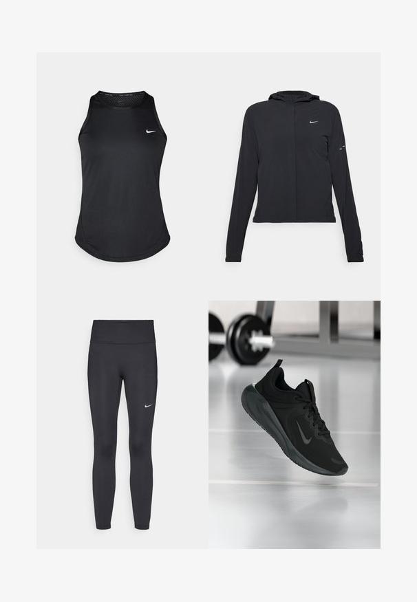 Giacca nera con cappuccio e maniche lunghe, realizzata in materiale leggero. Presenta una zip frontale, il logo Nike e accenti di design sottili.; Canotta nera da corsa senza maniche Nike, con scollo tondo, texture liscia e un piccolo logo bianco sul lato sinistro del petto.; Leggings neri realizzati in tessuto elasticizzato, con una vita alta e un logo Nike bianco sulla coscia sinistra. Tessuto liscio, design aderente.; Sneaker sportivo nero con logo Nike, mostrato in volo su un pavimento da palestra, con un supporto per pesi sfocato sullo sfondo.