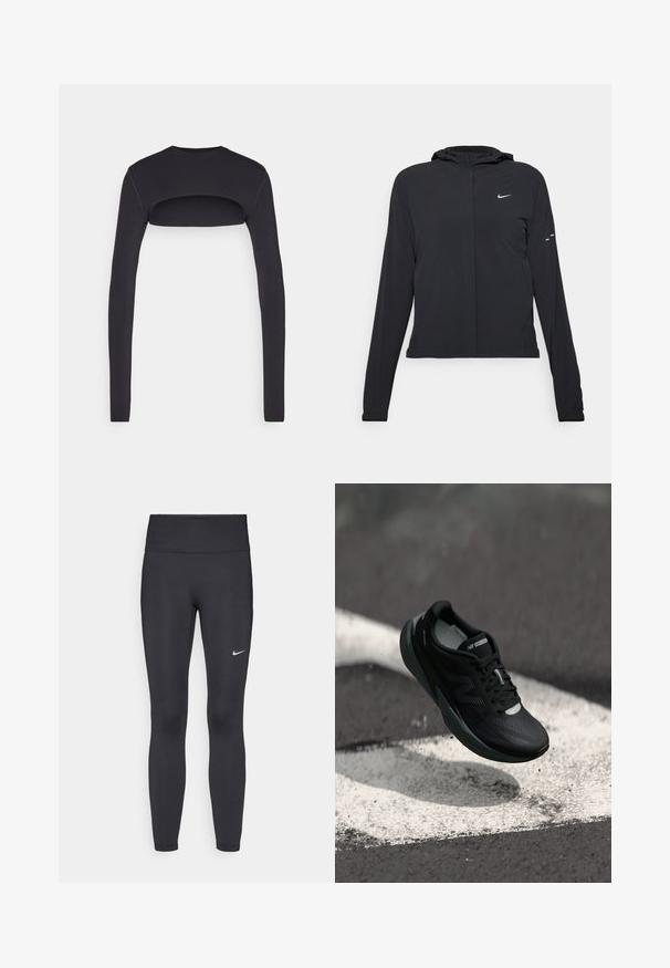 Svart huva jacka med långa ärmar, gjord av lätt material. Har en framdragare, en Nike-logotyp och subtila designelement.; Svart långärmad topp med ett utskärning på ryggen. Tillverkad av ett smidigt material, figurnära design, med rund halsringning.; Svarta leggings i elastiskt material, med hög midja och en vit Nike-logga på vänster lår. Slät textur, figurnära design.; Svart löparsko med en texturerad ovandel, slankt design och reflekterande detaljer. Har en mjuk, dämpad sula för komfort.