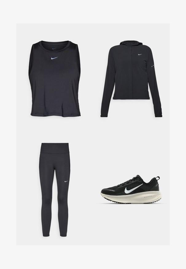 Svart hettegenser med lange ermer, laget av lett materiale. Har glidelås foran, Nike-logo og subtile design detaljer.; Svart ermeløs athletisk crop top laget av glatt materiale, med rund hals og en lyseblå Nike-logo på brystet.; Sorte leggings laget av elastisk stoff, med høy livlinje og en hvit Nike-logo på venstre lår. Glatt tekstur, kroppsnær passform.; Svart Nike løpesko med pustende mesh-overdel, hvit swoosh-logo, teksturert detaljer og en kremfarget ZoomX mellomsåle.