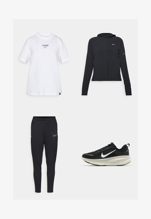 Casaco preto com capuz e mangas longas, feito de material leve. Apresenta um fecho dourado na frente, um logótipo da Nike e detalhes de design subtis.; T-shirt de algodão branco com o texto azul "PARIS SAINT-GERMAIN" e logo da Nike. Decote redondo clássico e mangas curtas, com ajuste relaxado.; Calças de desporto pretas feitas de um tecido leve, com um cós elástico, design ajustado e um logo branco da Nike na coxa.; Sapatilha de corrida Nike preta com parte superior de malha respirável, logotipo Swoosh branco, detalhes texturizados e uma entressola ZoomX na cor creme.
