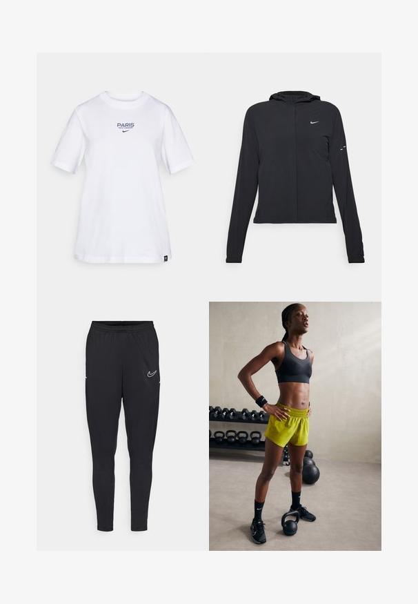 Sort hættetrøje med lange ærmer, lavet af letvægtsmateriale. Har en frontlynlås, et Nike-logo og subtile designaccenter.; Hvid bomulds t-shirt med blå tekst "PARIS SAINT-GERMAIN" og Nike logo. Klassisk rund hals og korte ærmer, afslappet pasform.; Sorte atletiske bukser lavet af letvægtsstof, med elastisk talje, tætsiddende design og et hvidt Nike-logo på låret.; Sort sportsbh, lys gule shorts med elastisk talje, sorte atletiske sko og håndledsbånd, stående ved siden af kettlebells.