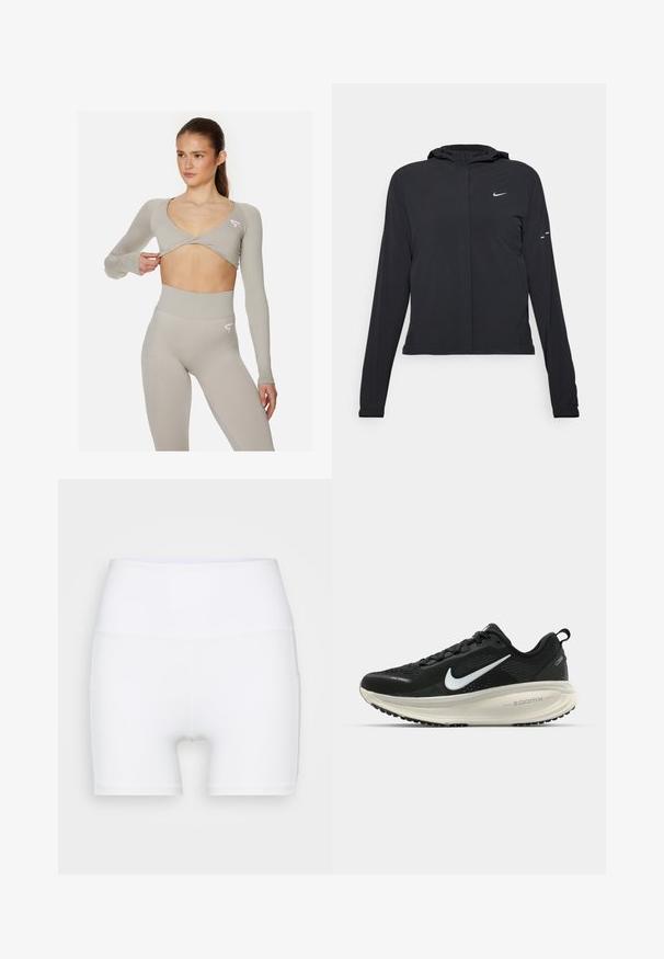 Czarna kurtka z kapturem, z długimi rękawami, wykonana z lekkiego materiału. Posiada zamek błyskawiczny z przodu, logo Nike oraz subtelne akcenty wzornicze.; Jasnoszary, długi rękaw, skrócony top z dekoltem w kształcie litery V i skręconym wzorem, połączony z legginsami o wysokim stanie, które mają subtelny gradientowy teksturę.; Białe szorty z wysokim stanem wykonane z elastycznej tkaniny. Charakteryzują się gładką teksturą i dopasowanym krojem, bez dodatkowych wzorów czy elementów metalowych.; Czarna biegowa półbut z oddychającej siateczki, białym logo swoosh, teksturowanymi detalami oraz kremową podeszwą środkową ZoomX.