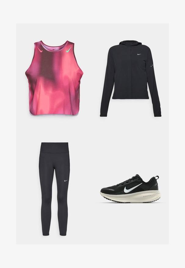 Crna jakna s kapuljačom i dugim rukavima, izrađena od laganog materijala. Ima prednji patentni zatvarač, Nike logo i suptilne dizajnerske detalje.; Uski plava i roza gradijentna krojena majica napravljena od rastezljivog materijala. Sadrži Nike logotipe u roza i zelenoj boji, sa okruglim izrezom i bez rukava.; Crne tajice izrađene od rastezljivog materijala, s visokim strukom i bijelim Nike logotipom na lijevom bedru. Glatka tekstura, dizajn koji prati obline.; Crne Nike trkačke tenisice s prozračnom mrežastom gornjom konstrukcijom, bijelim swoosh logotipom, teksturiranim detaljima i kremastom ZoomX srednjom potplatnom jedinicom.