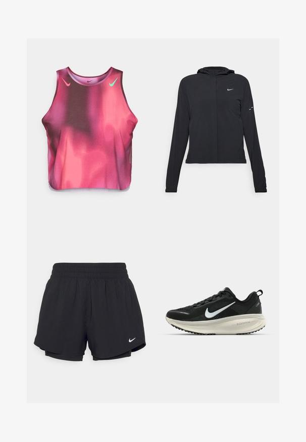 Črna kapuča s dolgimi rokavi, izdelana iz lahkega materiala. Ima sprednji zadrgo, logotip Nike in subtilne oblikovne detajle.; Kratka majica s gradijentnim prelivom u morskom plavom i roza boji, napravljena od rastezljivog materijala. Sadrži Nike logotipe u roza i zelenoj boji, s okruglim izrezom i bez rukava.; Črne športne pantalone z nabranim elastičnim pasom, notranjo podlogo in belim Nike logotipom na spodnji levi strani. Gladka, lahka tkanina.; Črne Nike tekaške čevlje z zračno mrežno zgornjim delom, belim logotipom Swoosh, teksturiranimi detajli in smetanasto barvnim srednjim delom ZoomX.