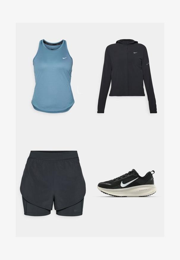Čierna kapucňová bunda s dlhou rukávou, vyrobená z ľahkého materiálu. Má predný zips, logo Nike a jemné dizajnové akcenty.; Svetlo modrý bežecký top Nike s okrúhlym výstrihom, bezrukávový dizajn a zakrivený spodný lem. Na hrudi sa nachádza malé biele logo Nike.; Čierne športové šortky s vrstveným dizajnom, s hladkou vonkajšou vrstvou a priliehavými vnútornými šortkami. Vyrobené z ľahkej, elastickej tkaniny.; Čierne bežecké topánky Nike s priedušnou sieťovinou, bielym logom s symbolom swoosh, textúrovanými detailmi a krémovou ZoomX medzipodrážkou.