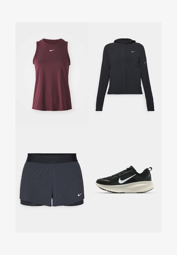Must musta kapuutsiga jakk, millel on pikad varrukad ja mis on valmistatud kergetest materjalidest. Omab esitaskut, Nike logo ja kergelt silmatorkavaid disainiaktsente.; Bordoo ilma varrukate ja sportlik särk sileda kangaga, millel on kõrge kaelus ja valge Nike logo rinnal.; Mustad must sportlikud lühikesed püksid, millel on elastne vöökoht, kihiline disain ja väike valge Nike logo vasakul all. Kerge materjal.; Musthave mustus Nike jooksujalats, millel on hingav võrgust ülemine osa, valge swoosh logo, tekstuuriga detailid ja kreemja värvusega ZoomX vahevöö.
