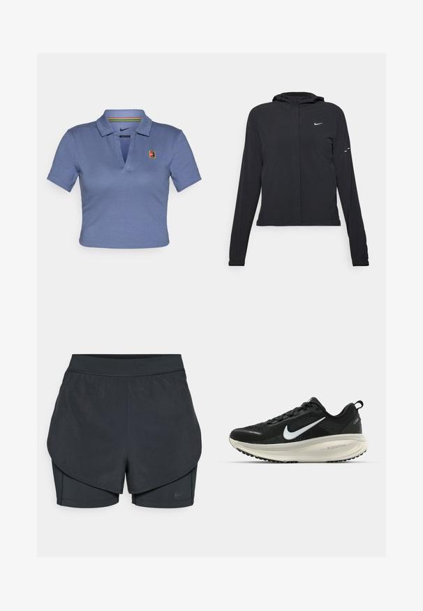 Casaco preto com capuz e mangas longas, feito de material leve. Apresenta um fecho dourado na frente, um logótipo da Nike e detalhes de design subtis.; Camisa polo azul cortada com colarinho, apresentando o logo da Nike e um detalhe de riscas multicoloridas no interior do colarinho. Material suave.; Calções desportivos pretos com um design em camadas, apresentando uma camada exterior suave e calções interiores ajustados. Feitos de um tecido leve e elástico.; Sapatilha de corrida Nike preta com parte superior de malha respirável, logotipo Swoosh branco, detalhes texturizados e uma entressola ZoomX na cor creme.