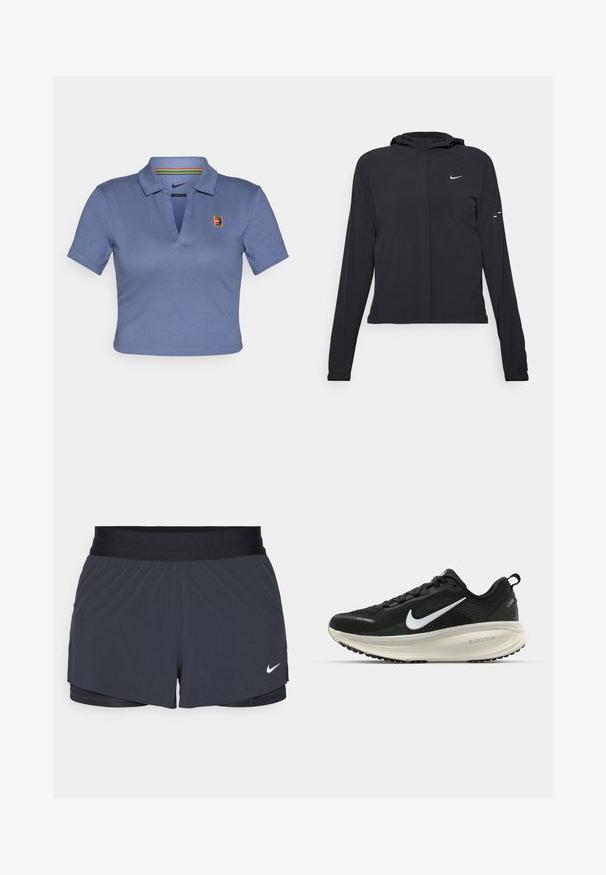 Crna jakna s kapuljačom i dugim rukavima, izrađena od laganog materijala. Ima prednji patentni zatvarač, Nike logo i suptilne dizajnerske detalje.; Skraćena plava polo majica s ovratnikom, s Nike logotipom i dušastim šarenim prugama unutar ovratnika. Meki materijal.; Crne atletske kratke hlače s elastičnom stražnjicom, imaju slojeviti dizajn i mali bijeli Nike logo na donjoj lijevoj strani. Lagani materijal.; Crne Nike trkačke tenisice s prozračnom mrežastom gornjom konstrukcijom, bijelim swoosh logotipom, teksturiranim detaljima i kremastom ZoomX srednjom potplatnom jedinicom.