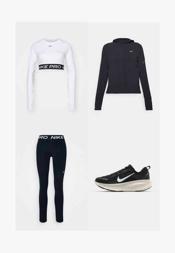 Must musta kapuutsiga jakk, millel on pikad varrukad ja mis on valmistatud kergetest materjalidest. Omab esitaskut, Nike logo ja kergelt silmatorkavaid disainiaktsente.; Valge pikad varrukad särk ümmarguse kaelusega. Tal on must NIKE PRO bränditud elastne rihm vöökoht ja sile, veniv kangas.; Mustad mustad Nike legginsid Pro vööga, millel on valge logo vasakul reiel. Valmistatud venivast kangast, mis on mõeldud mugavuseks ja liikumiseks.; Musthave mustus Nike jooksujalats, millel on hingav võrgust ülemine osa, valge swoosh logo, tekstuuriga detailid ja kreemja värvusega ZoomX vahevöö.