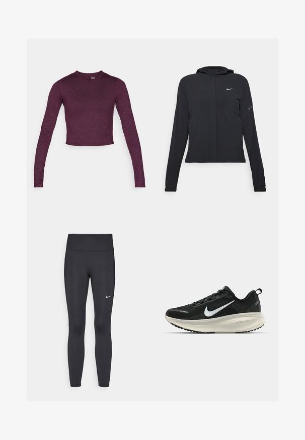 Juodas gobtuvas striukė su ilgomis rankovėmis, pagaminta iš lengvo audinio. Pasižymi priekiniais užtrauktukais, Nike logotipu ir subtiliais dizaino akcentais.; Tamsiai violetinė ilgomis rankovėmis trumpa marškinėlių palaidinė, pagaminta iš minkštos, šiek tiek tekstūruotos medžiagos, su apvalia iškirpte ir be matomų raštų ar akcentų.; Juodi leggingai iš elastingos medžiagos, turintys aukštą juosmenį ir baltą Nike logotipą kairėje šlaunyje. Lygus paviršius, prigludusi dizainas.; Juodas Nike sportinis batelis su kvėpuojančiu tinklu, baltu swoosh logotipu, tekstūruoto dizaino detalėmis ir grietinėlės spalvos ZoomX viduriu.
