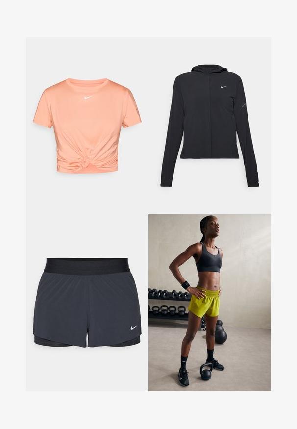 Svart huva jacka med långa ärmar, gjord av lätt material. Har en framdragare, en Nike-logotyp och subtila designelement.; Kortärmad, cropped T-shirt i persikofärgad tyg med en knutdetalj framtill. Har en liten vit Nike-logga på bröstet.; Svarta idrottsshorts med elastisk midja, med en lagerdesign och en liten vit Nike-logga på nedre vänstra sidan. Lättviktig material.; Svart sportbh, ljusgula shorts med resårmidja, svarta träningsskor och handledsband, stående bredvid kettlebells.
