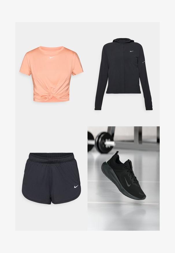 Casaco preto com capuz e mangas longas, feito de material leve. Apresenta um fecho dourado na frente, um logótipo da Nike e detalhes de design subtis.; T-shirt cropped de manga curta em tecido pêssego com um detalhe de nó na parte da frente. Apresenta um pequeno logotipo branco da Nike no peito.; Calções atléticos pretos com cintura elástica, apresentando um design desportivo e um logótipo Nike branco na parte inferior da frente. Tecido texturizado.; Sapatilha desportiva preta com o logotipo da Nike, mostrada em pleno ar sobre o chão do ginásio, com um suporte de halteres desfocado ao fundo.