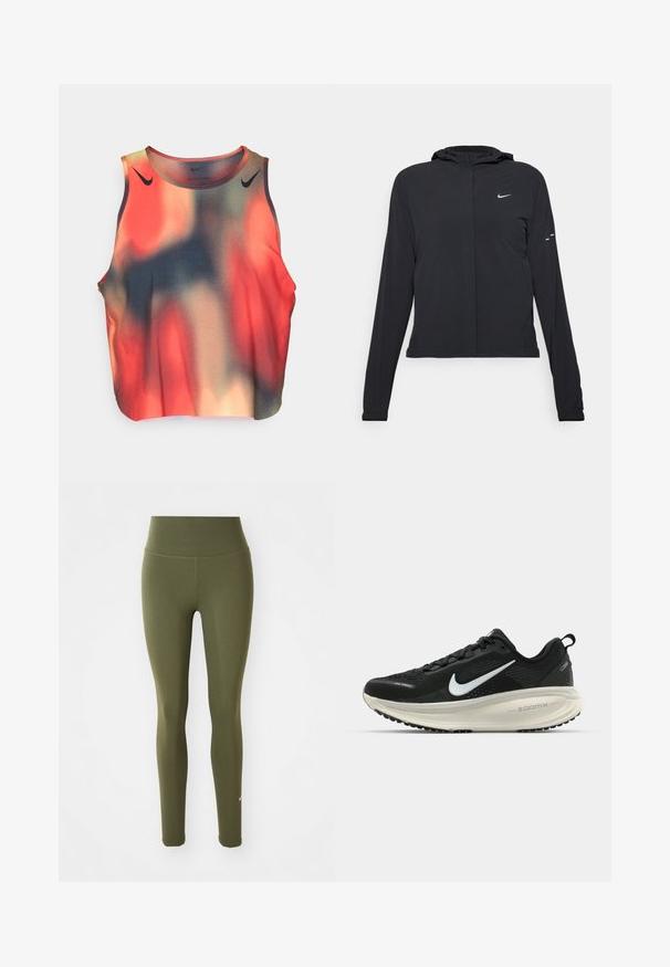 Czarna kurtka z kapturem, z długimi rękawami, wykonana z lekkiego materiału. Posiada zamek błyskawiczny z przodu, logo Nike oraz subtelne akcenty wzornicze.; Bezrękawny top sportowy, z gradientowym wzorem w kolorach czerwonym, pomarańczowym i ciemnoniebieskim; wykonany z gładkiego, elastycznego materiału. Akcenty w czarnym logo.; Oliwkowe legginsy wykonane z elastycznego materiału, z wysokim stanem, gładką teksturą oraz małym białym logo Nike na dolnej części nogawki.; Czarna biegowa półbut z oddychającej siateczki, białym logo swoosh, teksturowanymi detalami oraz kremową podeszwą środkową ZoomX.