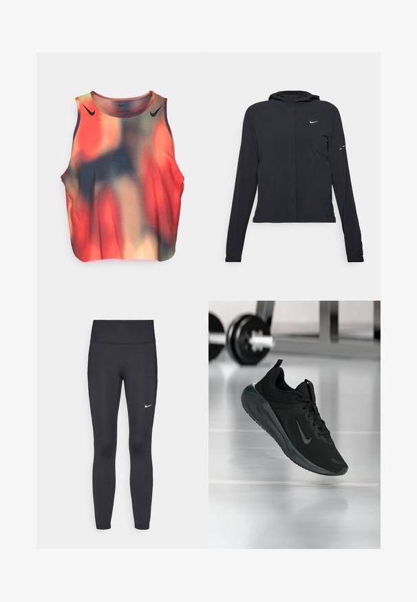 Czarna kurtka z kapturem, z długimi rękawami, wykonana z lekkiego materiału. Posiada zamek błyskawiczny z przodu, logo Nike oraz subtelne akcenty wzornicze.; Bezrękawny top sportowy, z gradientowym wzorem w kolorach czerwonym, pomarańczowym i ciemnoniebieskim; wykonany z gładkiego, elastycznego materiału. Akcenty w czarnym logo.; Czarne legginsy z elastycznego materiału, z wysokim pasem i białym logo Nike na lewym udzie. Gładka tekstura, dopasowany krój.; Czarny sportowy sneaker z logo Nike, pokazany w powietrzu na podłodze siłowni, z rozmytym regałem z hantlami w tle.