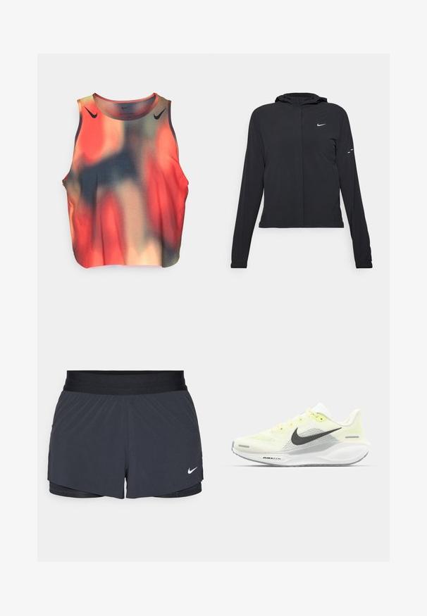 Mustassa hupparissa on pitkät hihat, ja se on valmistettu kevyestä materiaalista. Siinä on edessä vetoketju, Nike-logo ja hillityt muotoiluyksityiskohdat.; Hihaton urheilu toppi, jossa on punaisen, oranssin ja tummansinisen sävytettävä kuvio; valmistettu sileästä, joustavasta kankaasta. Mustat logo-aksentit.; Mustat urheilushortsit, joissa on joustava vyötärö. Shortseissa on kerroksellinen muotoilu ja pieni valkoinen Nike-logo vasemmassa alareunassa. Kevyt materiaali.; Nike juoksukengät, joissa on vaaleankeltainen ja valkoinen verkko-osa, harmaita yksityiskohtia ja joustava kumipohja. Varusteet nauhakiinnityksellä.