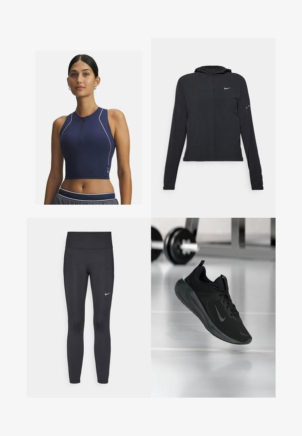 Svart huva jacka med långa ärmar, gjord av lätt material. Har en framdragare, en Nike-logotyp och subtila designelement.; Mörkblå atletisk crop top med halvdisk, ärmlös design, perforerad textur för andningsförmåga och vita accentöverstygn.; Svarta leggings i elastiskt material, med hög midja och en vit Nike-logga på vänster lår. Slät textur, figurnära design.; Svarta sportskor med Nike-logotyp, visade mitt i luften på gymgolvet, med en suddig hantelställning i bakgrunden.