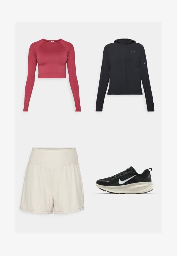 Must musta kapuutsiga jakk, millel on pikad varrukad ja mis on valmistatud kergetest materjalidest. Omab esitaskut, Nike logo ja kergelt silmatorkavaid disainiaktsente.; Sügavpunane pikakäistega lühike topp, valmistatud venivast kangast. Omab ümmargust kaelust ning soonikkoes serva ja varrukaid. Sile tekstuur.; Heledad beežid lühikesed püksid, millel on tekstuuriga ribast vöökoht, voolav disain ja mugav lõige. Omavad tõmblustikku ja külgsluuke paindlikkuse jaoks.; Musthave mustus Nike jooksujalats, millel on hingav võrgust ülemine osa, valge swoosh logo, tekstuuriga detailid ja kreemja värvusega ZoomX vahevöö.