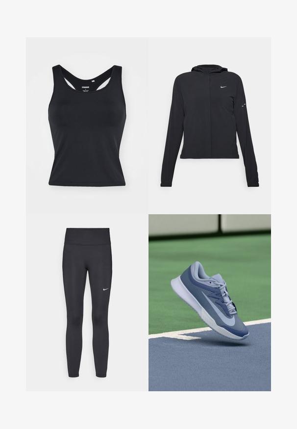 Zwarte kaptrui met lange mouwen, gemaakt van lichtgewicht materiaal. Voorzien van een ritssluiting aan de voorkant, een Nike-logo en subtiele ontwerpelementen.; Zwarte mouwloze sportieve tanktop met een hoge halslijn en open rugontwerp. Gemaakt van rekbaar materiaal, met een gladde textuur en minimale naden.; Zwarte legging van rekbare stof met een hoge tailleband en een wit Nike-logo op de linkerdij. Gladde textuur, aansluitend ontwerp.; Sport sneaker in lichtblauw en marineblauw, met een gestructureerde bovenkant, platte veters en een lichte witte zool. Verhoogd boven een speelveld.