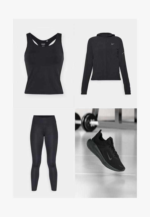 Sort hættetrøje med lange ærmer, lavet af letvægtsmateriale. Har en frontlynlås, et Nike-logo og subtile designaccenter.; Sort, ærmeløs atletisk tanktop med høj hals og åben rygdesign. Fremstillet af strækbart stof, med en glat tekstur og minimale sømme.; Sorte leggings lavet af glat, strækbart stof. Høj talje uden synlige mønstre eller accenter. Sidder tæt fra talje til ankler.; Sort sportsko med Nike-logo, vist midt i luften på et gymgulv, med en sløret vægtstang i baggrunden.