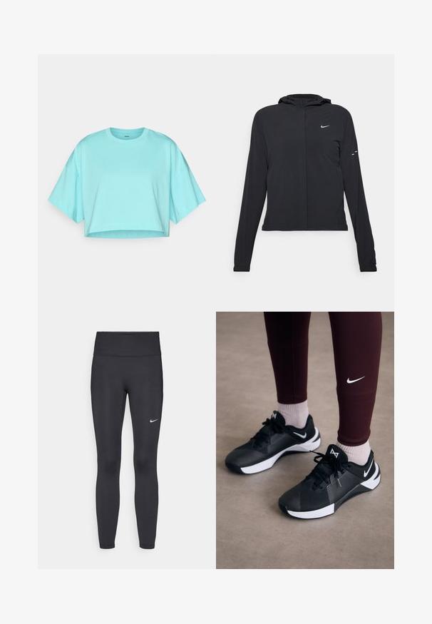 Must musta kapuutsiga jakk, millel on pikad varrukad ja mis on valmistatud kergetest materjalidest. Omab esitaskut, Nike logo ja kergelt silmatorkavaid disainiaktsente.; Heledad t-särk helesinises toonis, valmistatud pehmest puuvillast. Omab ümmargust kaelust ja laia lühikeste varrukate disaini. Sile tekstuur minimaalse tikandiga.; Mustad mustadest leggingid, mis on valmistatud venivast kangast, kõrge vöökoha ja valge Nike logo abil vasakul reiel. Sile tekstuur, keha järgiv disain.; Mustad mustat spordijalatsid tekstuurse pealse ja valgete aktsentidega, koos paelte ja külglogoga. Kanda tumepruunide leggingsidega ja heledate sokkidega.