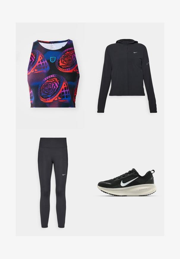Svart hettegenser med lange ermer, laget av lett materiale. Har glidelås foran, Nike-logo og subtile design detaljer.; Ermeløs croptopp i elastisk svart stoff, med et flerfarget blomsterpatron med roser og geometriske former, samt en liten logo.; Sorte leggings laget av elastisk stoff, med høy livlinje og en hvit Nike-logo på venstre lår. Glatt tekstur, kroppsnær passform.; Svart Nike løpesko med pustende mesh-overdel, hvit swoosh-logo, teksturert detaljer og en kremfarget ZoomX mellomsåle.