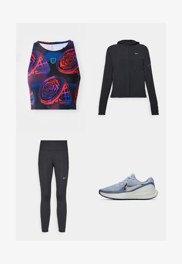 Casaco preto com capuz e mangas longas, feito de material leve. Apresenta um fecho dourado na frente, um logótipo da Nike e detalhes de design subtis.; Top cropped sem mangas em tecido preto elástico, com padrão floral multicolorido com rosas e formas geométricas, e um pequeno logótipo.; Leggings pretos feitos de tecido elástico, com uma cintura alta e um logo branco da Nike na coxa esquerda. Textura suave, design ajustado ao corpo.; Sapatilha de corrida Nike azul claro e branca com o swoosh prateado, parte superior de malha respirável, sola acolchoada e sola preta.