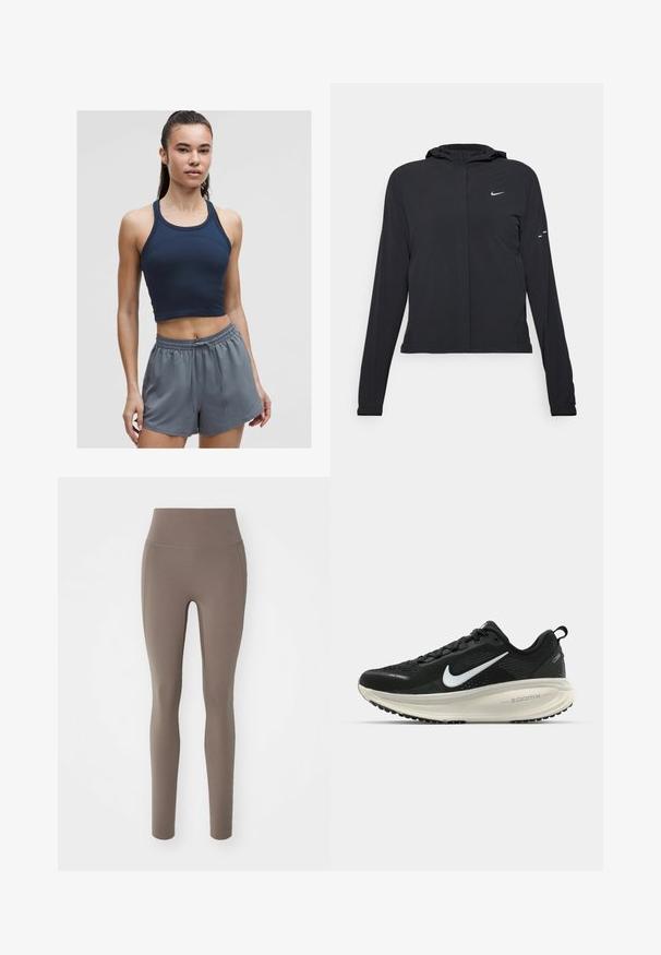 Melnā kapuci jaka ar garām piedurknēm, izgatavota no viegla materiāla. Tam ir priekšējais rāvējslēdzis, Nike logo un smalki dizaina akcenti.; Jūras spēku zilas ribotas sporta topa ar plānām lencēm komplekts, savienots ar gaismas pelēkām elastīgām jostasvietas šortiem, kas piedāvā brīvu piegriezumu un auklu.; Brūni augstie legingi, kas izgatavoti no elastīga materiāla ar gludu tekstūru, piedāvā bezšuvju dizainu un potītes garumu.; Melnas Nike skriešanas kurpes ar elpojošu acs augšdaļu, baltu Swoosh logotipu, strukturētu apdari un krēmkrāsas ZoomX starpsole.