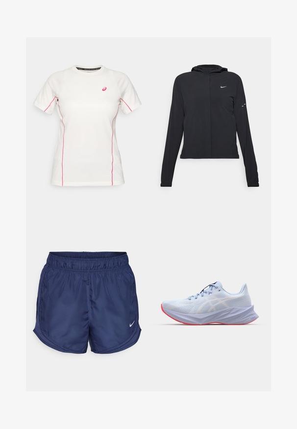 Black hooded jacket with long sleeves, made from lightweight material. Features a front zipper, a Nike logo, and subtle design accents.; White short-sleeve athletic shirt with pink stitching along sides and sleeves, featuring a small pink Asics logo on the chest.; Navy athletic shorts with an elastic waistband and side mesh panels. Features a small white Nike logo on the lower left side.; Light blue athletic shoe with a textured mesh upper, white logo accents, a cushioned sole, and a pink outsole. Features a sleek, ergonomic design.