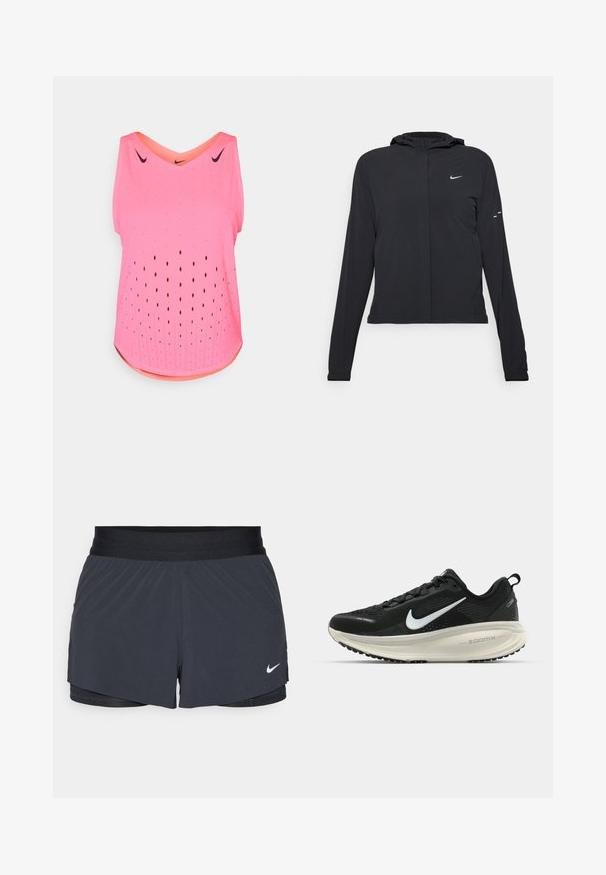 Must musta kapuutsiga jakk, millel on pikad varrukad ja mis on valmistatud kergetest materjalidest. Omab esitaskut, Nike logo ja kergelt silmatorkavaid disainiaktsente.; Roosa sportlik tank top V-kaelusega, millel on avatud aukudega muster ventilatsiooni tagamiseks ja kontrastne oranž siseserv.; Mustad must sportlikud lühikesed püksid, millel on elastne vöökoht, kihiline disain ja väike valge Nike logo vasakul all. Kerge materjal.; Musthave mustus Nike jooksujalats, millel on hingav võrgust ülemine osa, valge swoosh logo, tekstuuriga detailid ja kreemja värvusega ZoomX vahevöö.