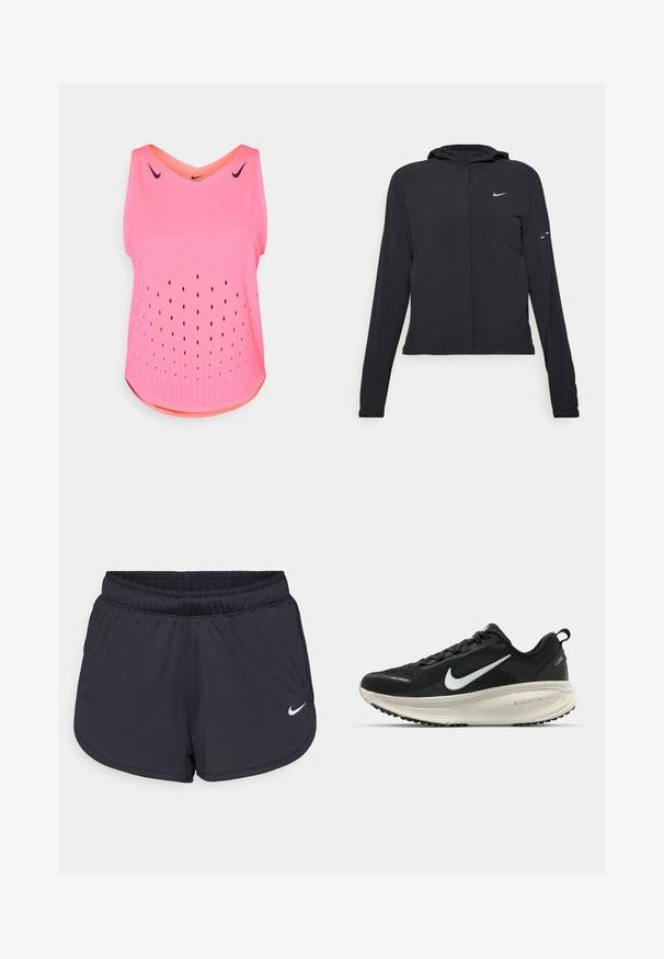 Black hooded jacket with long sleeves, made from lightweight material. Features a front zipper, a Nike logo, and subtle design accents.; Pink athletic tank top with a V-neck, featuring an open-hole pattern for ventilation and a contrasting orange inner neck trim.; Black athletic shorts made of lightweight, breathable fabric. Features an elastic waistband and white Nike logo on the lower right side.; Black Nike running shoe with breathable mesh upper, white swoosh logo, textured detailing, and a cream-colored ZoomX midsole.