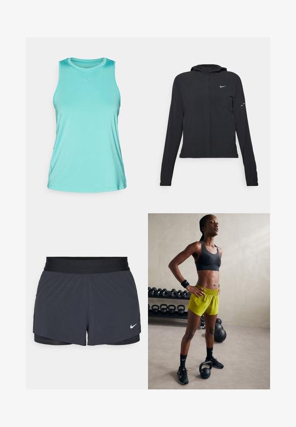 Casaco preto com capuz e mangas longas, feito de material leve. Apresenta um fecho dourado na frente, um logótipo da Nike e detalhes de design subtis.; Nike Performance ONE CLASSIC TANK - Top - green frost/black; Calças curtas de atletismo pretas com um cós elástico, apresentando um design em camadas e um pequeno logótipo da Nike em branco no canto inferior esquerdo. Material leve.; Sutiã desportivo preto, calções amarelos brilhantes com cintura elástica, sapatos de atletismo pretos e pulseiras, de pé ao lado de kettlebells.