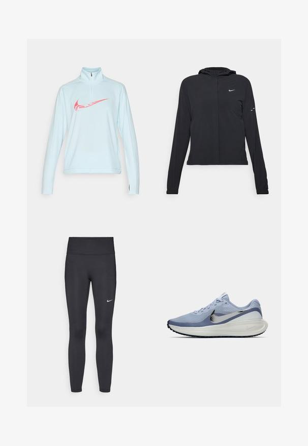 Black hooded jacket with long sleeves, made from lightweight material. Features a front zipper, a Nike logo, and subtle design accents.; Nike Performance Long sleeved top - glacier blue/aster pink; Black leggings made of stretchy fabric, featuring a high waistband and a white Nike logo on the left thigh. Smooth texture, form-fitting design.; Light blue and white Nike running shoe with silver swoosh, breathable mesh upper, cushioned sole, and black outsole tread.