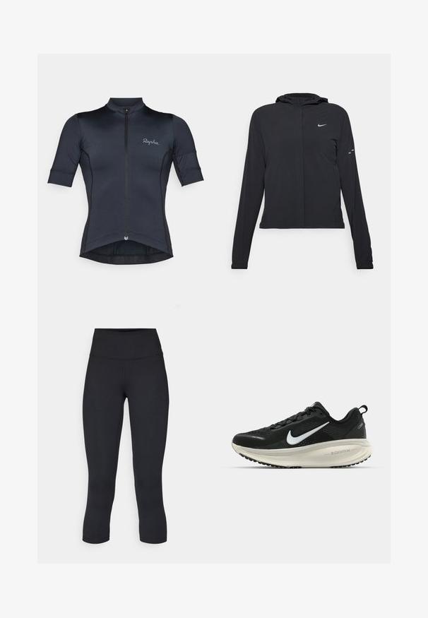 Crna jakna s kapuljačom i dugim rukavima, izrađena od laganog materijala. Ima prednji patentni zatvarač, Nike logo i suptilne dizajnerske detalje.; Bershka za bicikl s kratkim rukavima u tamnoplavoj boji, izrađena od laganog, rastezljivog materijala. Ima zatvarač sprijeda i Rapha logo na prsima.; Crne skraćene tajice od rastezljivog materijala, s visokim strukom i glatkom teksturom, bez vidljivih uzoraka ili dodataka.; Crne Nike trkačke tenisice s prozračnom mrežastom gornjom konstrukcijom, bijelim swoosh logotipom, teksturiranim detaljima i kremastom ZoomX srednjom potplatnom jedinicom.