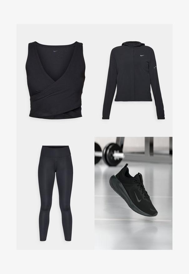 Zwarte kaptrui met lange mouwen, gemaakt van lichtgewicht materiaal. Voorzien van een ritssluiting aan de voorkant, een Nike-logo en subtiele ontwerpelementen.; Zwarte tanktop met wikkelontwerp en v-hals, gemaakt van ribbelstoffen. Heeft een aansluitende pasvorm en een klein logo aan de bovenlinkerkant.; Zwarte leggings van glad, rekbaar stof. Hoge taille zonder zichtbare patronen of accenten. Sluiten nauw aan van taille tot enkels.; Zwarte sportsneaker met Nike-logo, weergegeven in de lucht boven de gymvloer, met een vervaagde halterrek op de achtergrond.