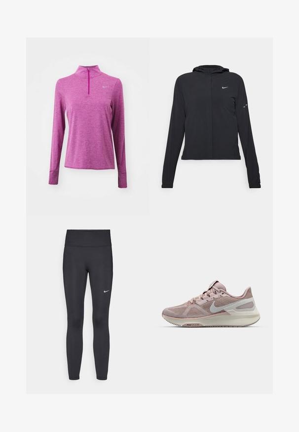 Mustassa hupparissa on pitkät hihat, ja se on valmistettu kevyestä materiaalista. Siinä on edessä vetoketju, Nike-logo ja hillityt muotoiluyksityiskohdat.; Vaaleanpunainen pitkähihainen urheilu paita, jossa on puolivetoketju, valmistettu teksturoidusta kankaasta. Ominaisuuksiin kuuluu heijastava logo rinnassa ja sormia lämmittävät aukot hihoissa.; Mustat leggingsit joustavasta kankaasta, joissa on korkea vyötärö ja valkoinen Nike-logo vasemmassa reidessä. Sileä pinta, muotoaan myötäilevä suunnittelu.; Nike-juoksukengät, joissa on verkkomateriaali vaaleanpunaisena ja harmaana, pehmeä pohja ja pyöreä kärki. Korostettu swoosh-logo.